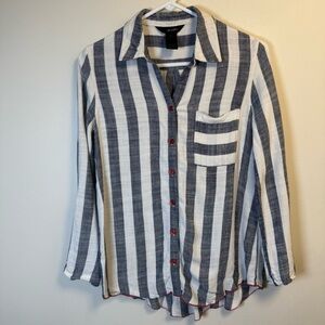 Ali Miles Linen Blend Roll Tab Sleeve Mixed Stripes Button Front Shirt Size XS